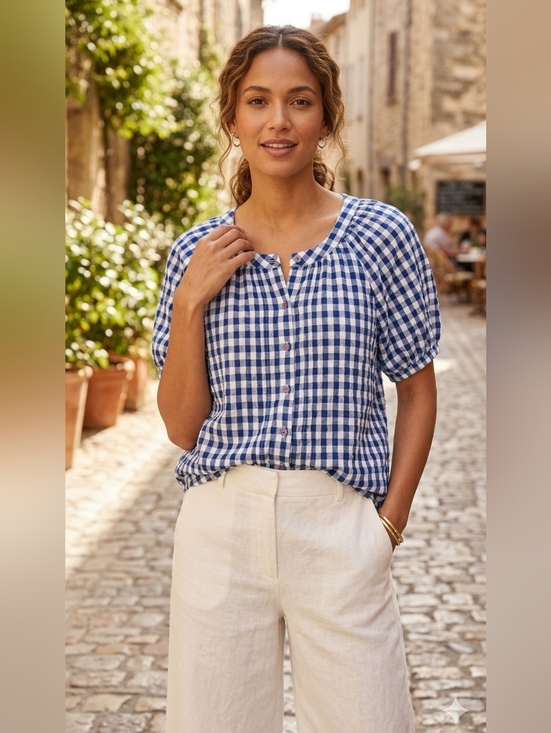Jane and Delancey Tops - Jane & Delancey Checked Button-Front Short Sleeve Top in Blue and White Size XL